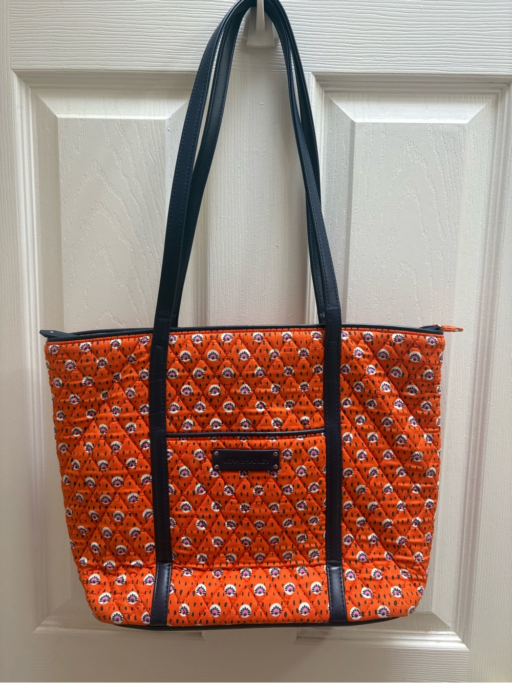 Vera Bradley Orange Quilted Floral Tote with Navy Straps